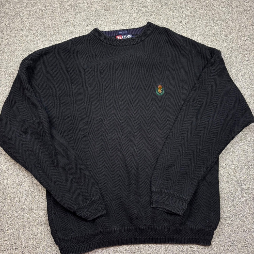 Chaps Ralph Lauren Mens XXL Black Herringbone Cotton Knit Crewneck Sweater Crest